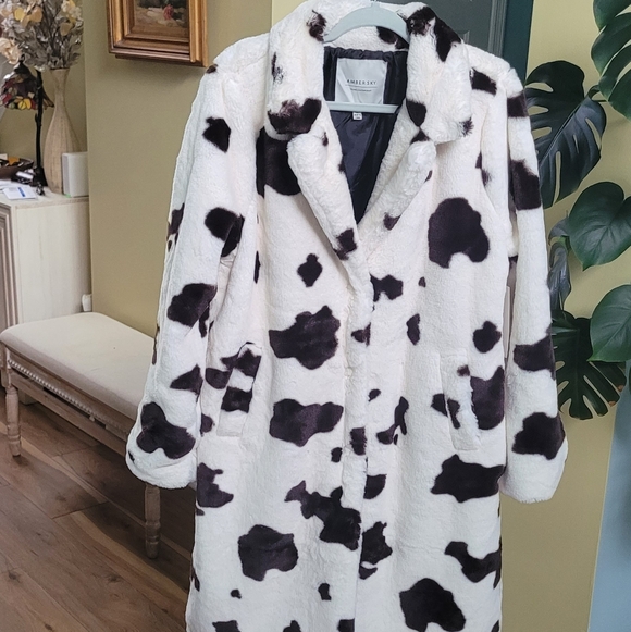 AMBER SKY Cow-Print Faux Fur Women Coat-Brown/Cream Size XL - Picture 2 of 11